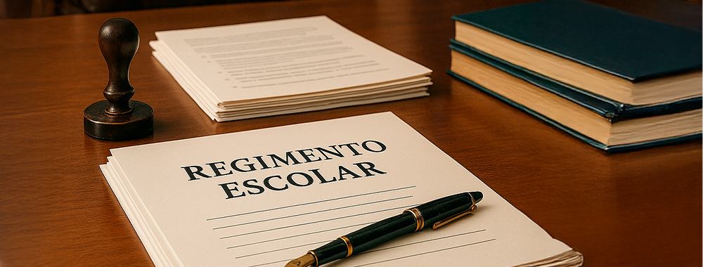 Documento com título Regimento Escolar sobre mesa, ao lado de caneta e carimbo.