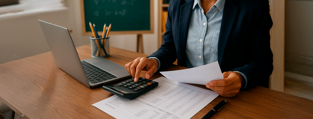Profissional analisando folha de pagamento escolar com planilhas, calculadora e notebook em mesa de escritório, representando gestão financeira precisa e planejamento estratégico.