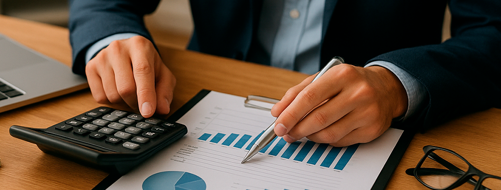 Gestor utilizando calculadora e analisando planilhas com gráficos para aplicar estratégias de contenção de custos na folha de pagamento escolar.