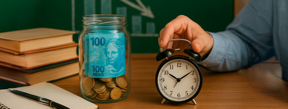 Homem ajustando relógio ao lado de um pote com moedas e cédula de 100 reais, representando estratégias para reduzir custos com banco de horas nas escolas.